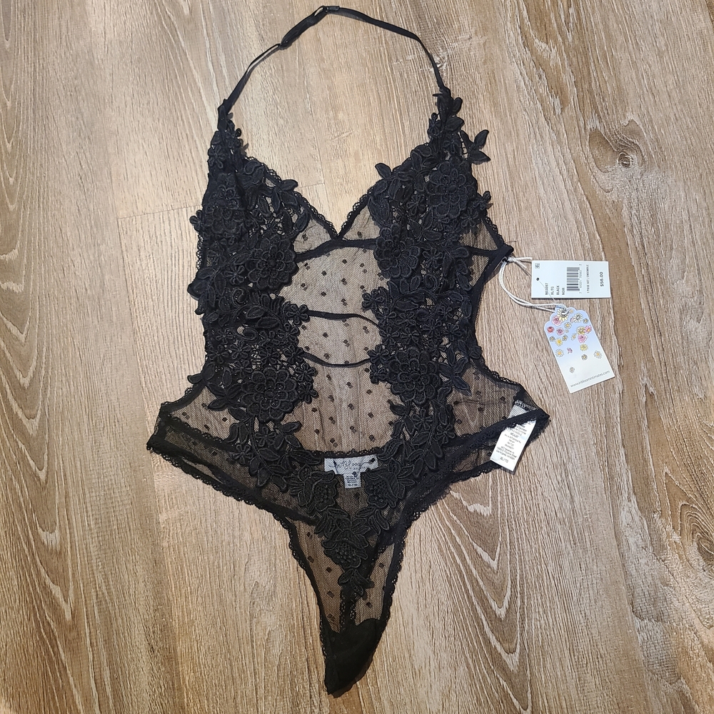 NWT In Bloom Sheer Black Floral Lace Chemise Lingerie Bodysuit